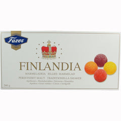 Fazer Finlandia Marmelade Jellies jar-closeup highlighting vibrant fruit preserves.