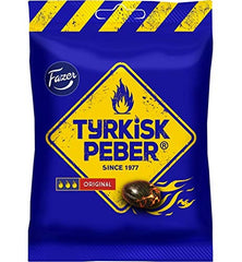 Fazer Tyrkisk Peber original salty liquorice candies with peppery kick, vegan-friendly pick-me-up.