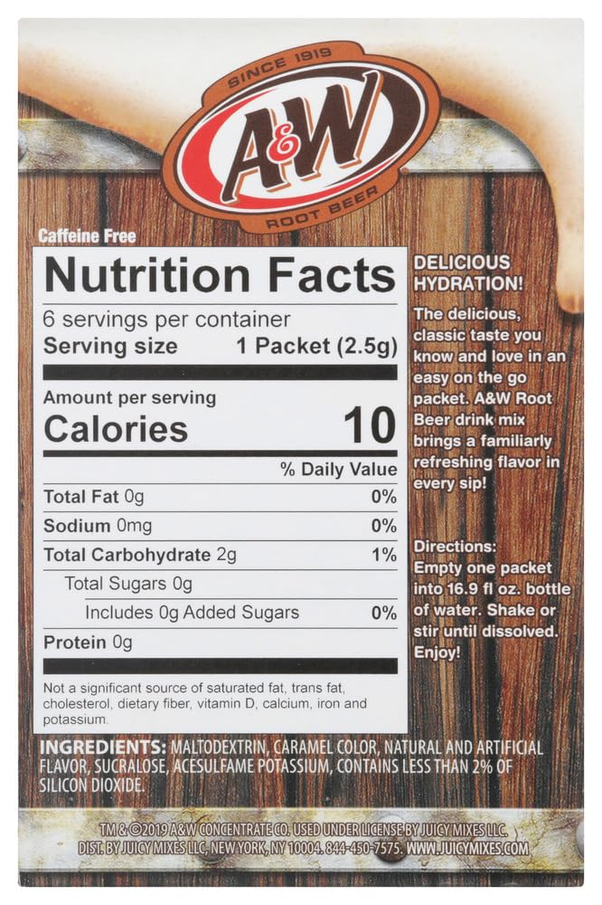 FCV A&W Root Beer sugar-free drink mix packets for caffeine-free flavor.