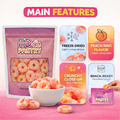 FD Pantry 7oz resealable bag keeps peach rings fresh and crunchy.