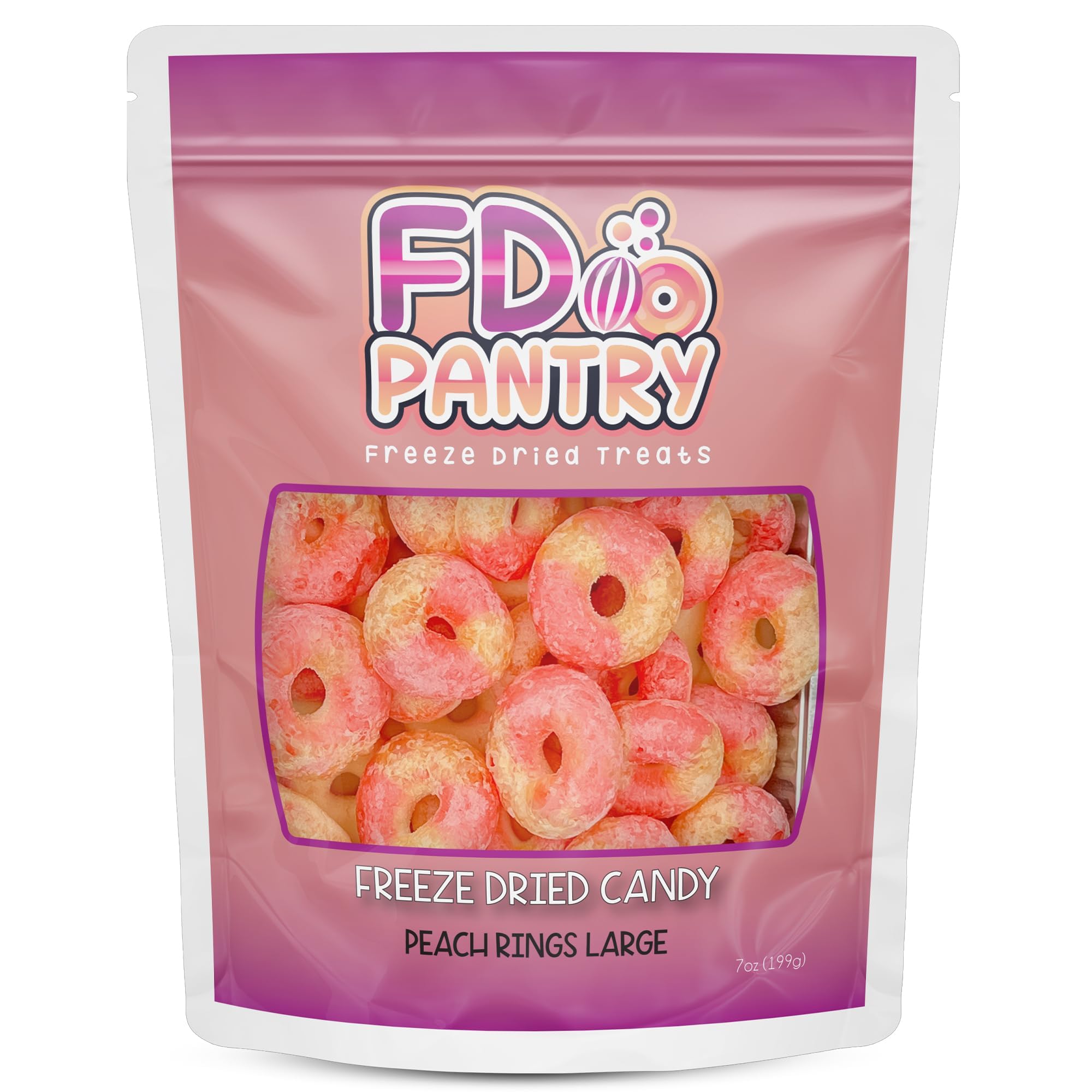 FD Pantry freeze-dried peach rings close-up reveals crisp texture and vibrant fruit flavor.