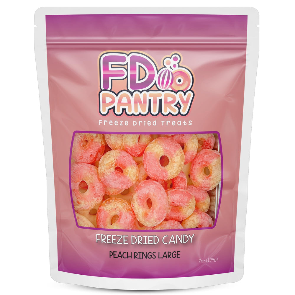 FD Pantry freeze-dried peach rings close-up reveals crisp texture and vibrant fruit flavor.