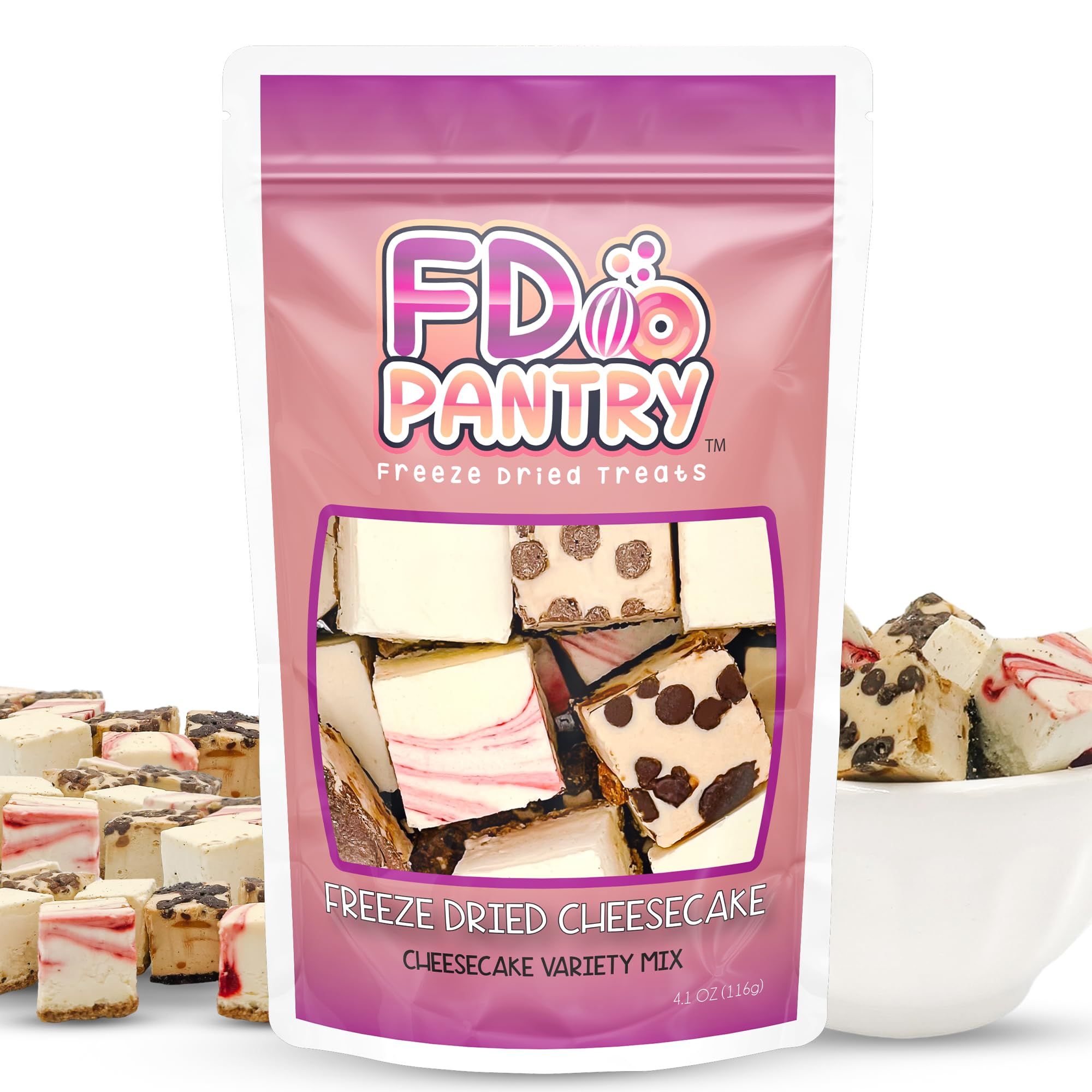 FD Pantry New York Style cheesecake bites in resealable bag, ideal for on-the-go snacking.