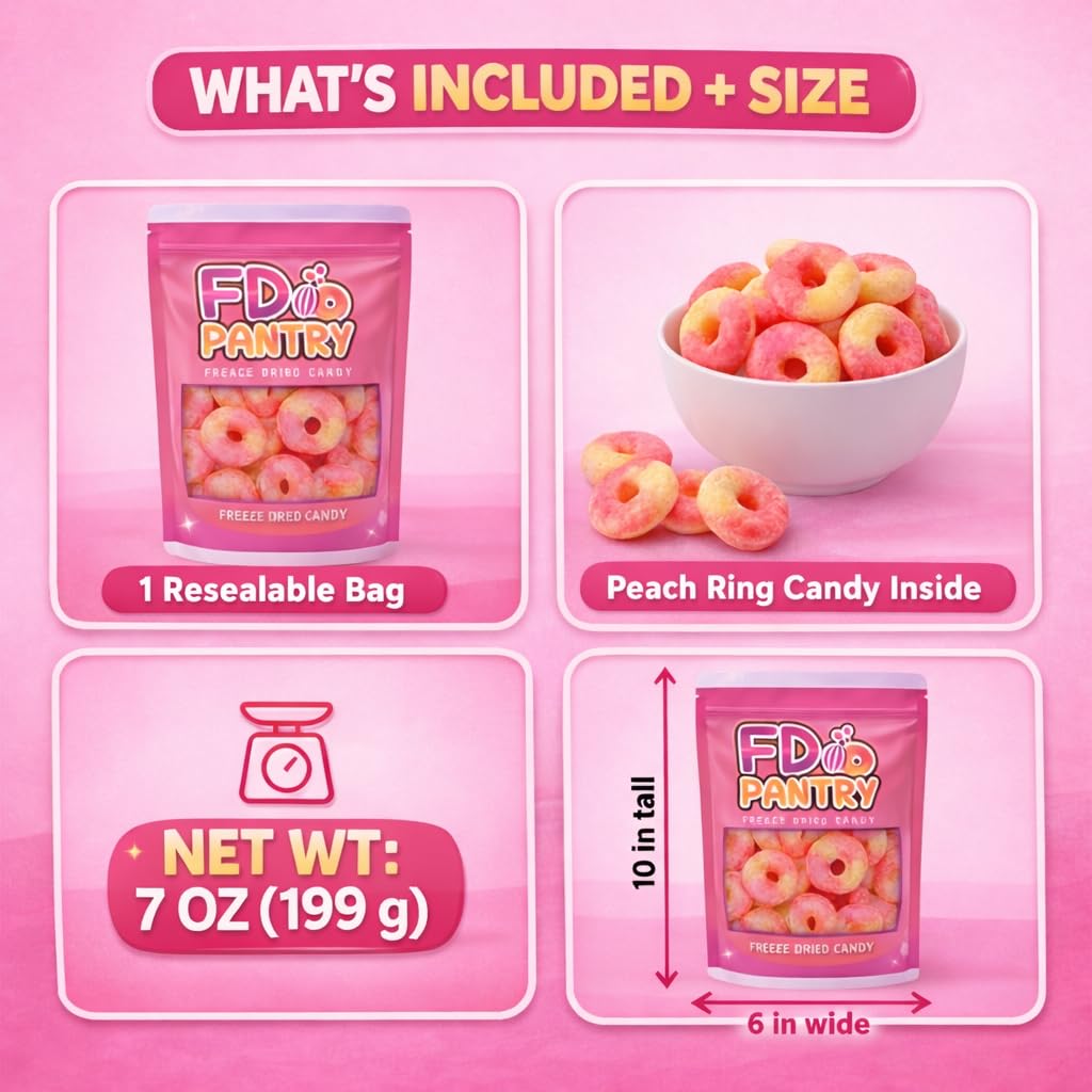 FD Pantry peach rings packaging designed for easy sharing and gifting.