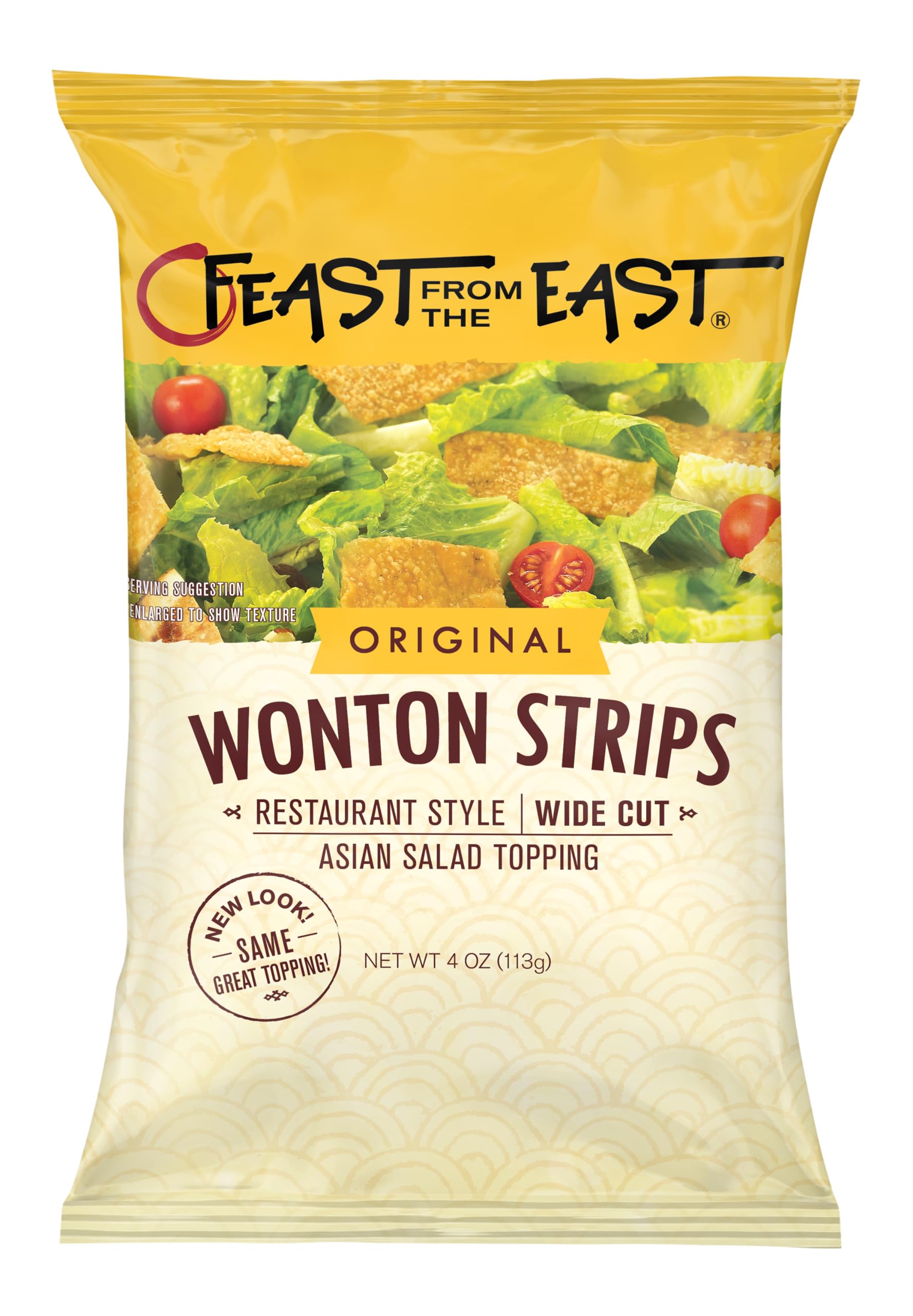 Feast From The East Wonton Strips package front for quick salad topping.