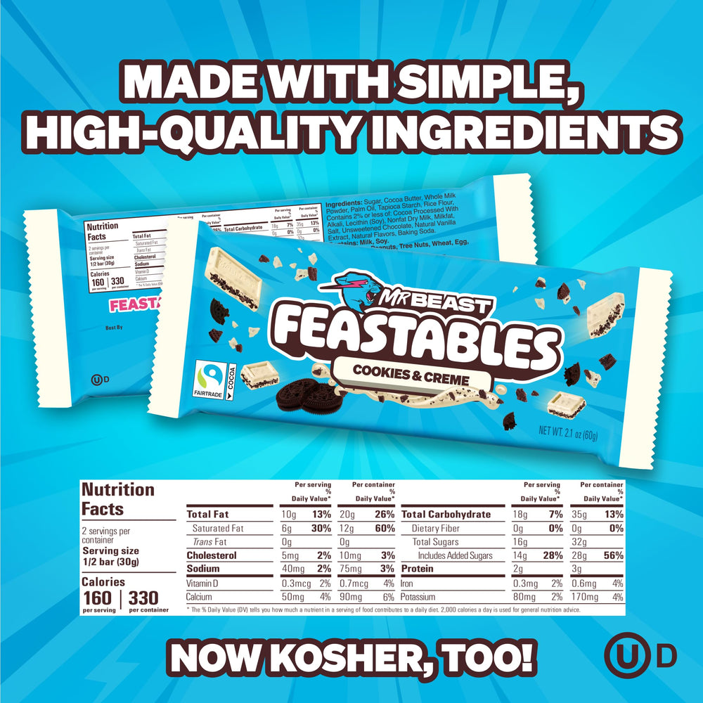 Feastables cookies creme white chocolate bar break-apart, easy to share with friends.