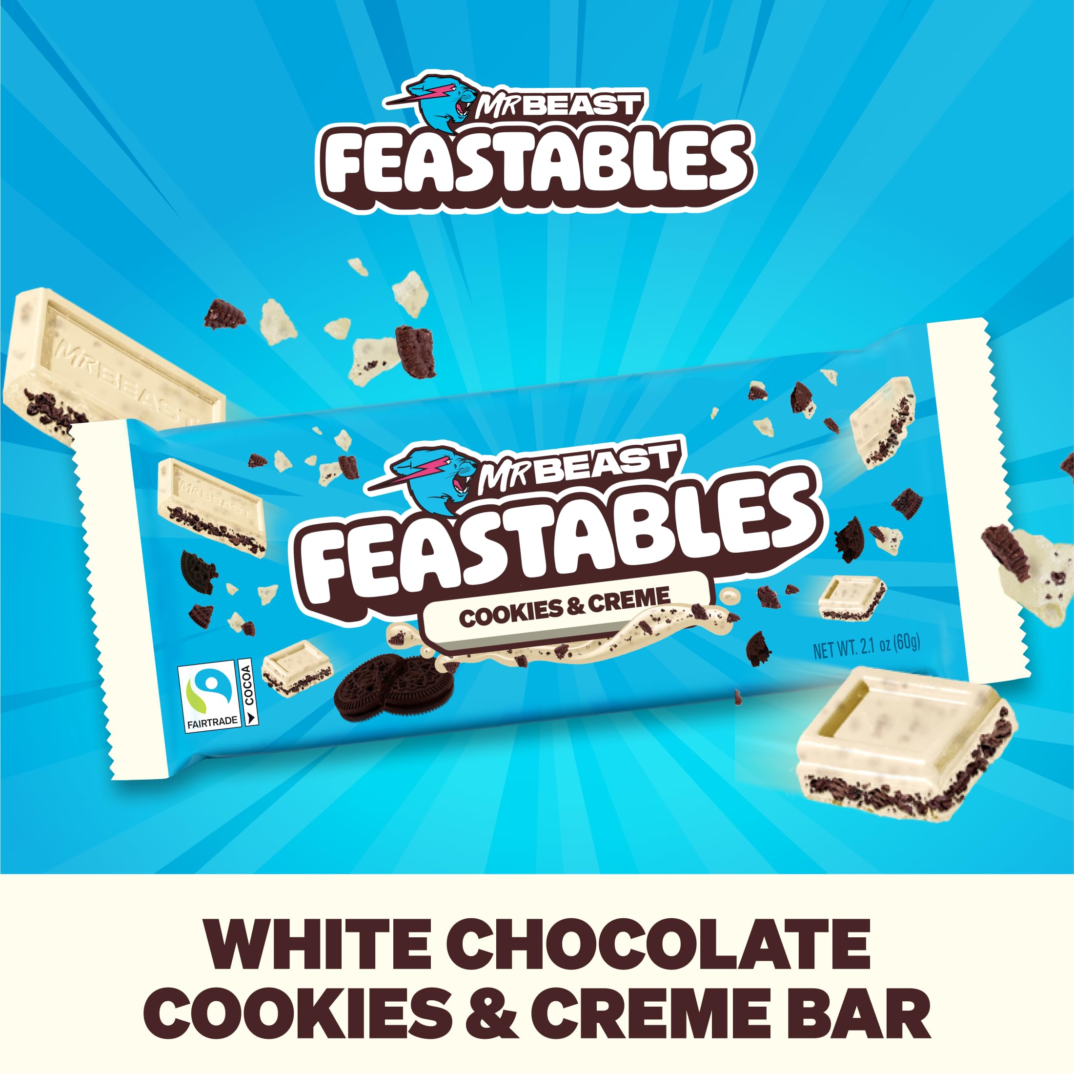 Feastables cookies creme white chocolate bar closeup-crumbs shows crunchy cookie pieces.
