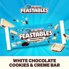 Feastables cookies creme white chocolate bar closeup-crumbs shows crunchy cookie pieces.