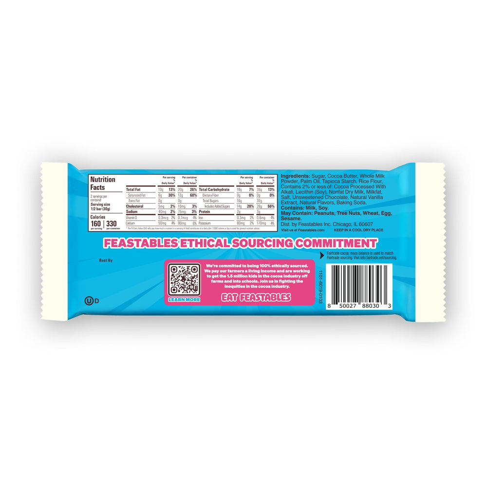Feastables cookies creme white chocolate bar fairtrade-cocoa, ethically sourced indulgence.