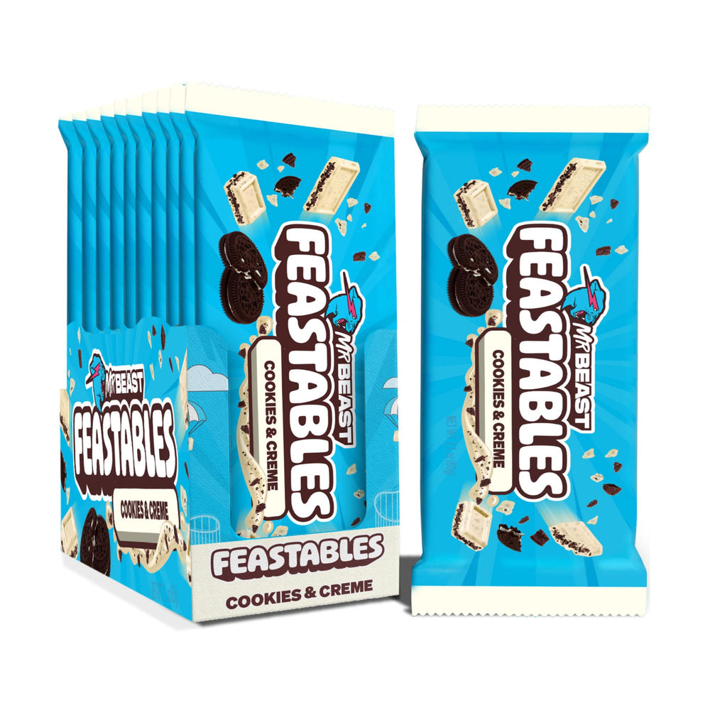 Feastables Cookies & Creme white chocolate bar king-size 10-count, ideal for sharing.