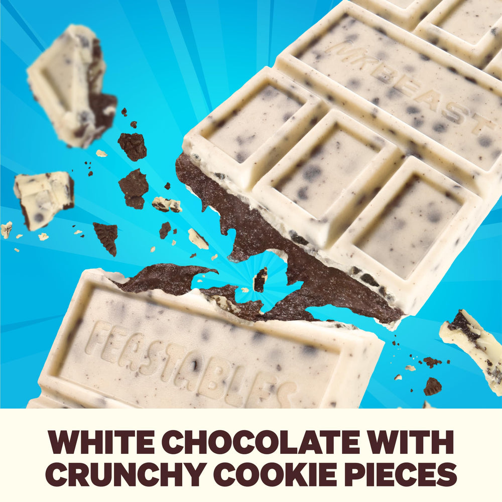 Feastables cookies creme white chocolate bar packaging, premium treat ready for gifting.