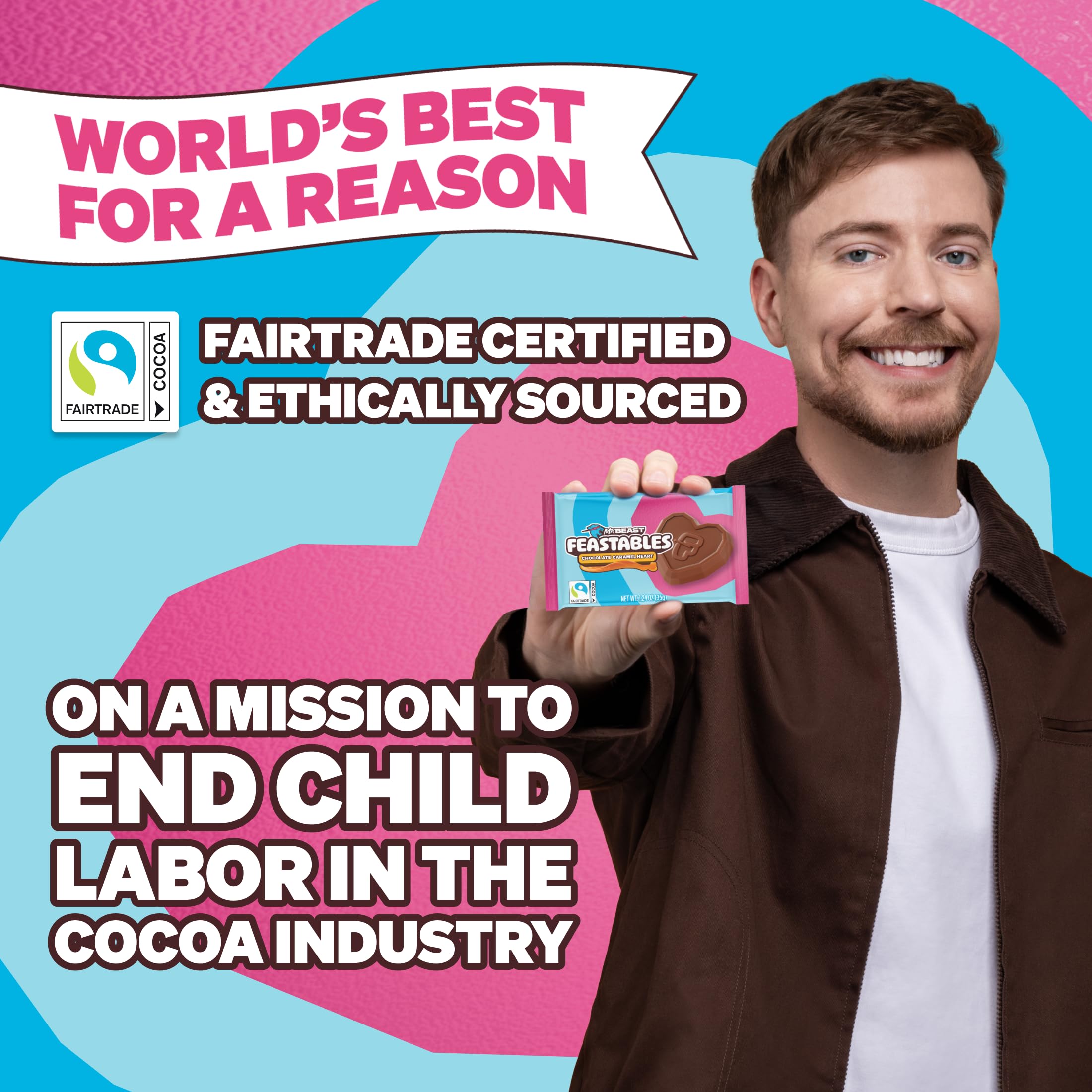 Feastables Fairtrade cocoa label emphasizing ethical sourcing and farmer support