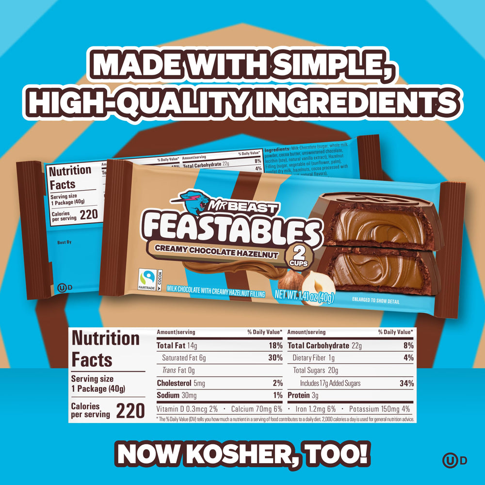 Feastables Hazelnut Cups highlight the creamy hazelnut center inside silky milk chocolate.