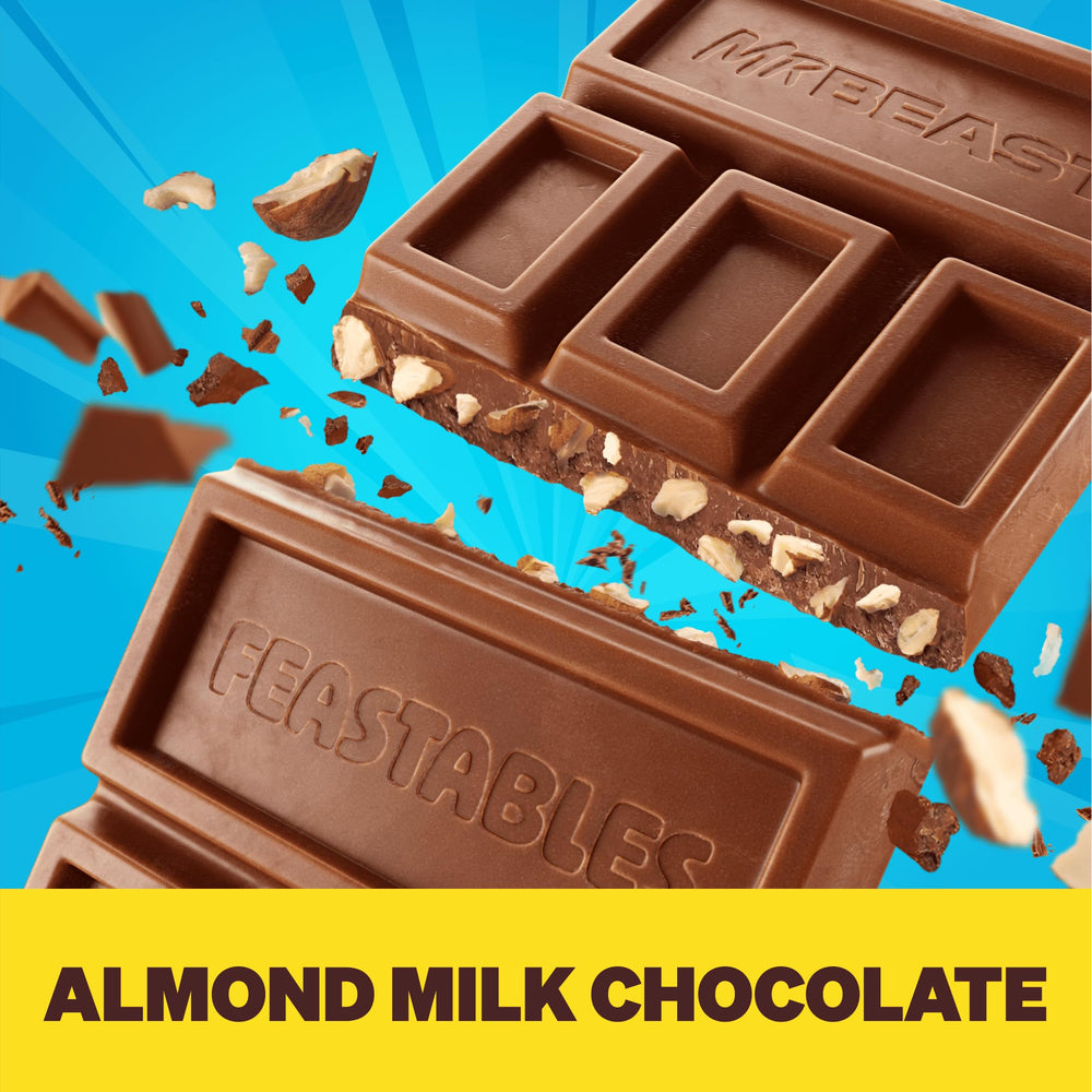 Feastables Almond bar close-up showcasing almond pieces and crunch.