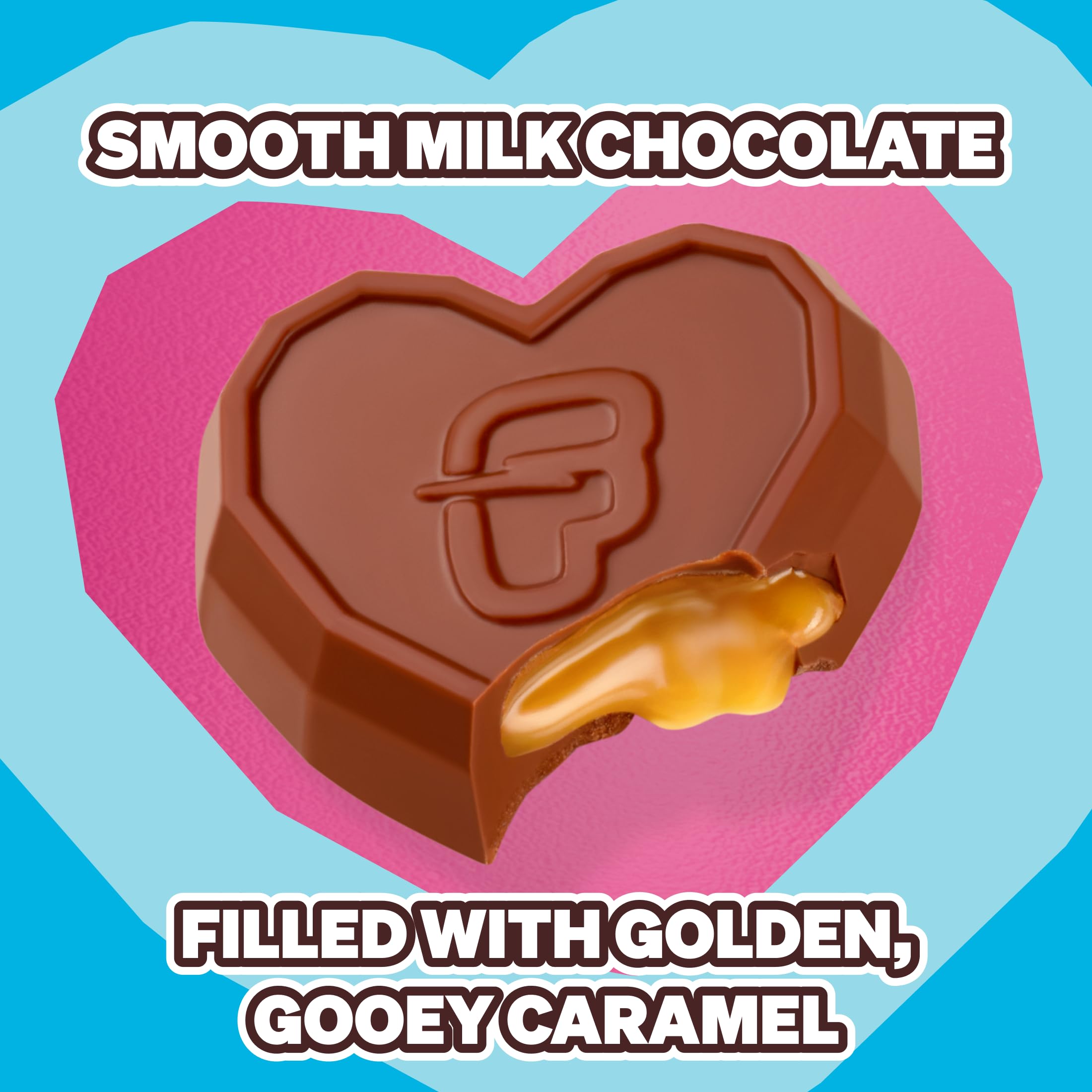 Cross-section view of Feastables MrBeast caramel heart cups revealing golden caramel filling