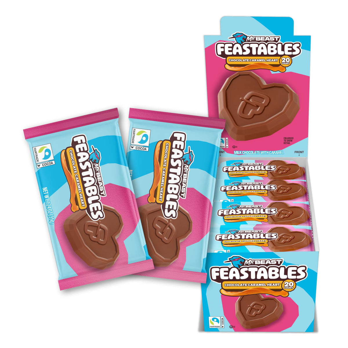 Feastables MrBeast caramel heart cups packaging shown for gifting and display