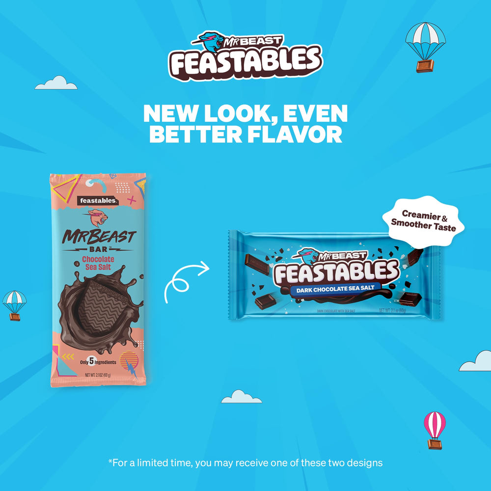 Feastables MrBeast dark chocolate sea salt bar gift-ready packaging.