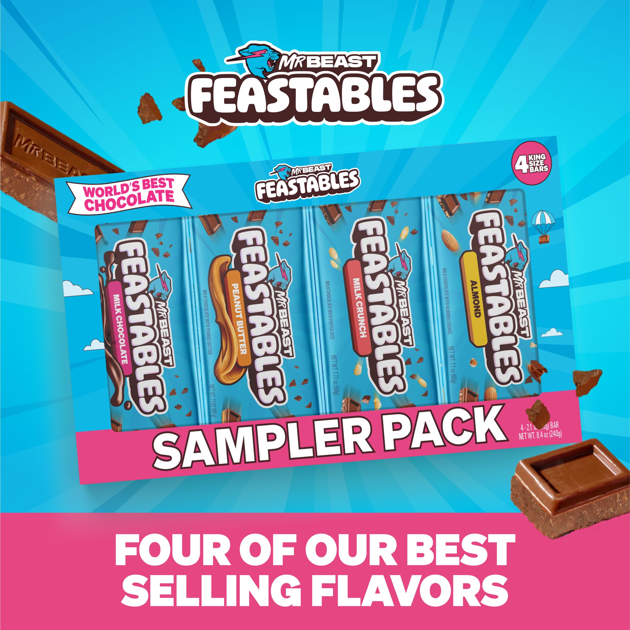 Feastables Milk Chocolate bar close-up emphasizing smooth melt texture.