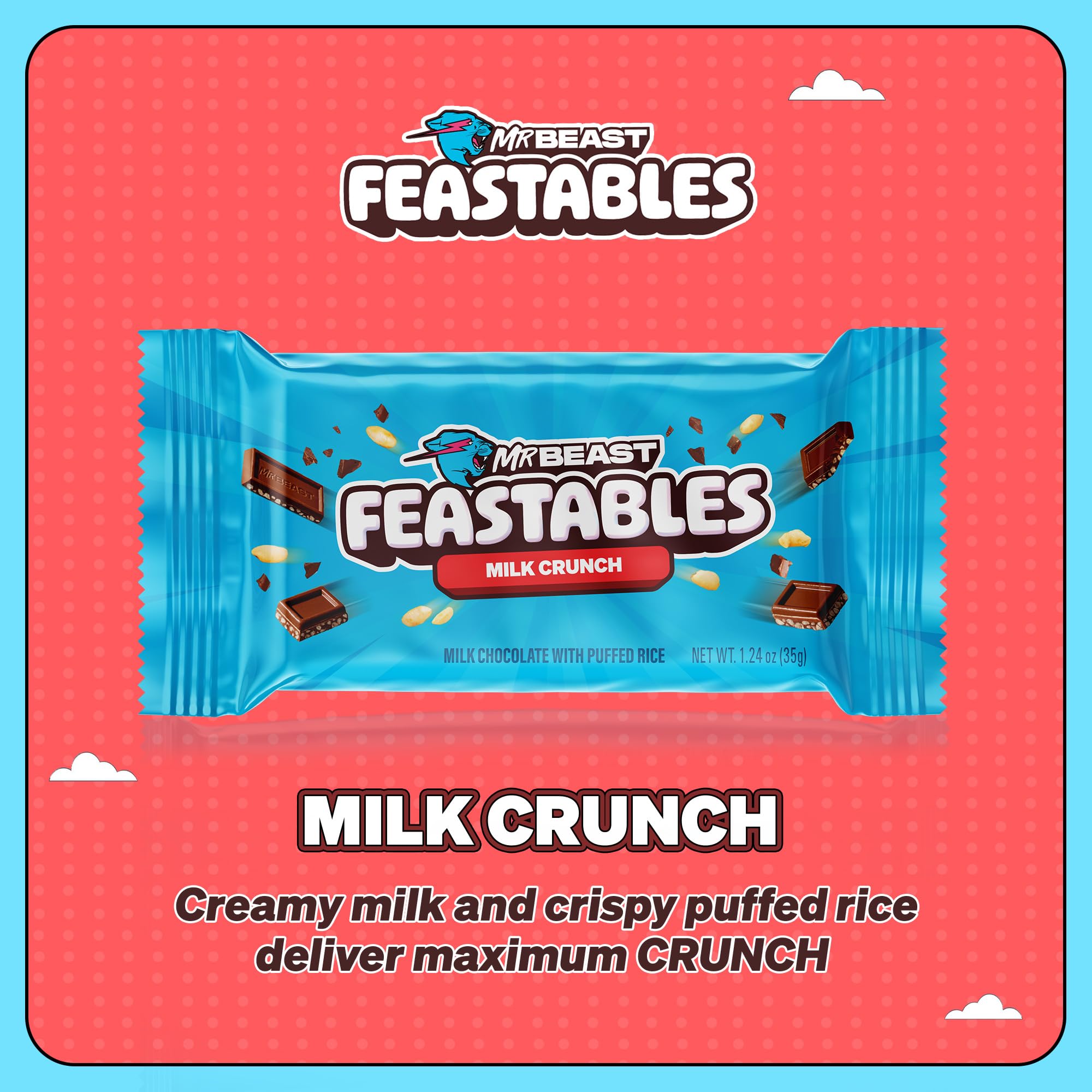 Feastables MrBeast Milk Chocolate Crunch Bar break—puffed rice crunch with smooth melt.