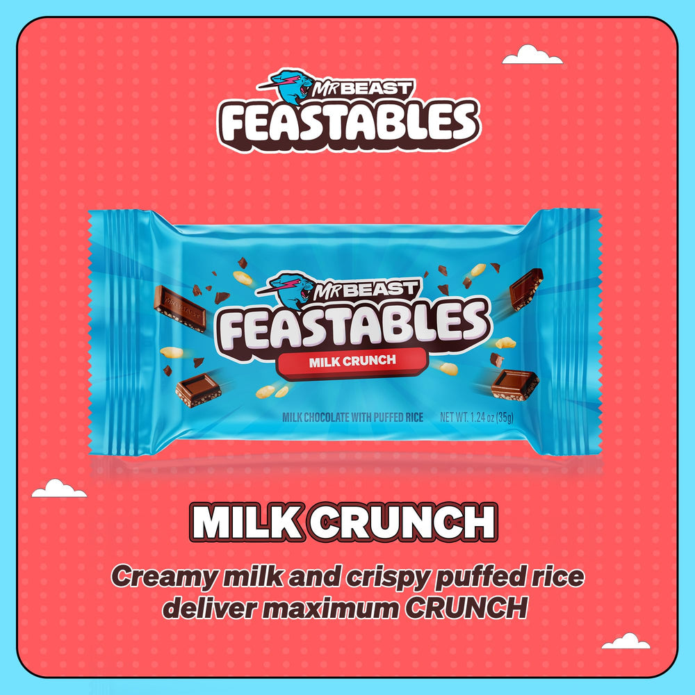 Feastables MrBeast Milk Chocolate Crunch Bar break—puffed rice crunch with smooth melt.