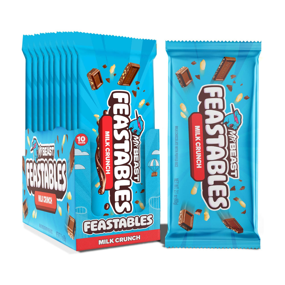 Feastables MrBeast Milk Chocolate Crunch Bar packaging highlights king size shareability and premium cocoa