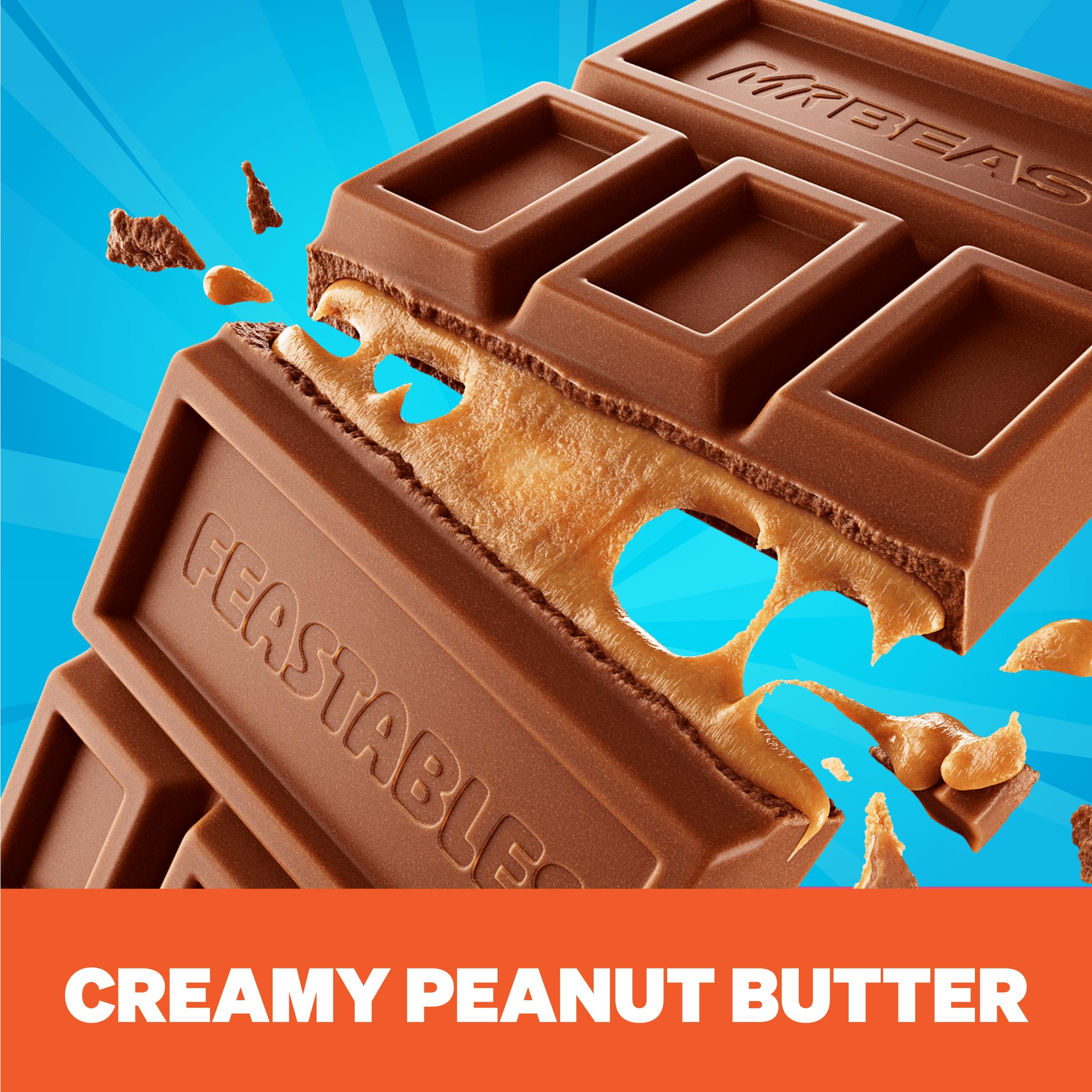 Feastables Milk Crunch bar close-up with visible crunch bits.