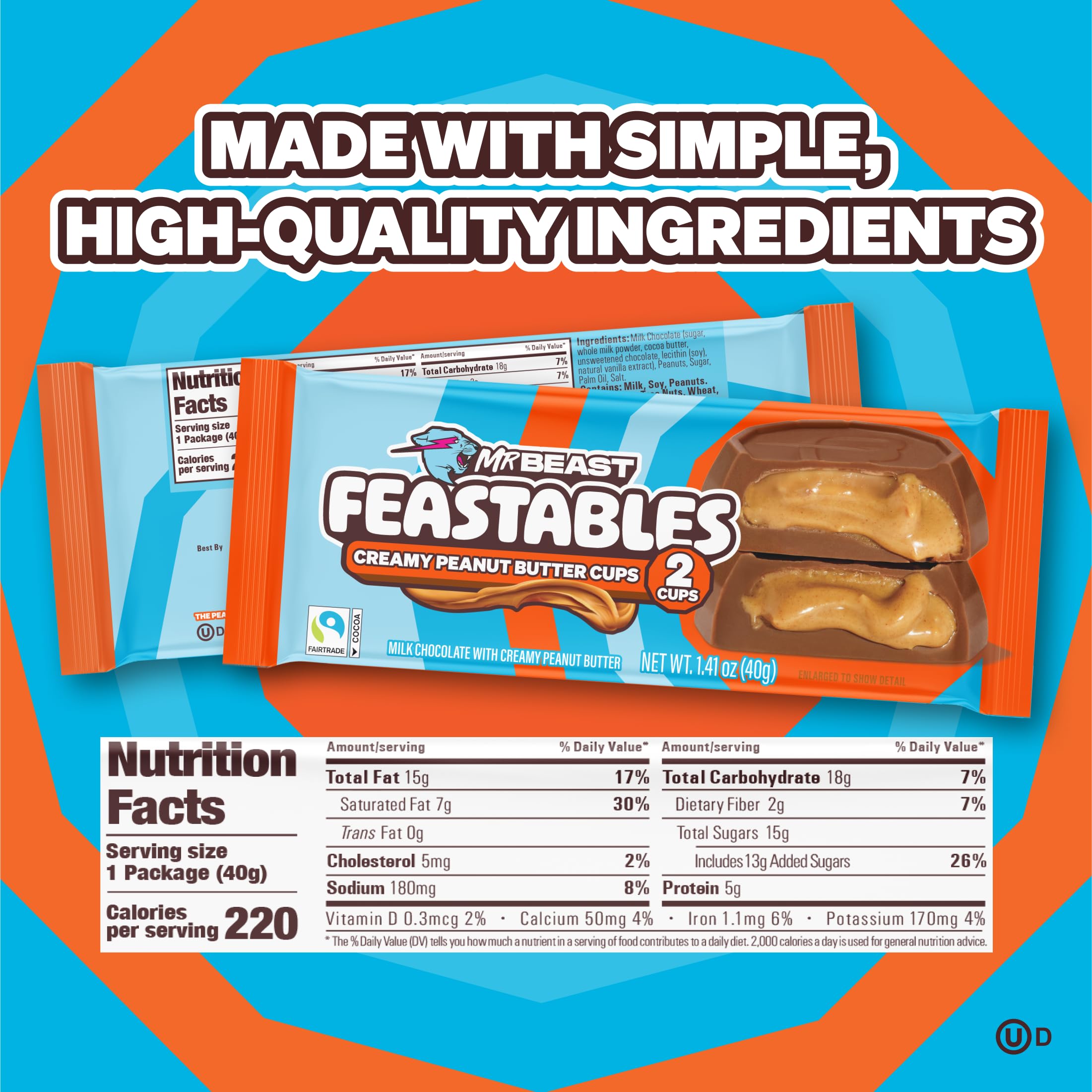 Feastables MrBeast Peanut Butter Cups close-up reveals milk chocolate shell and creamy peanut butter center.