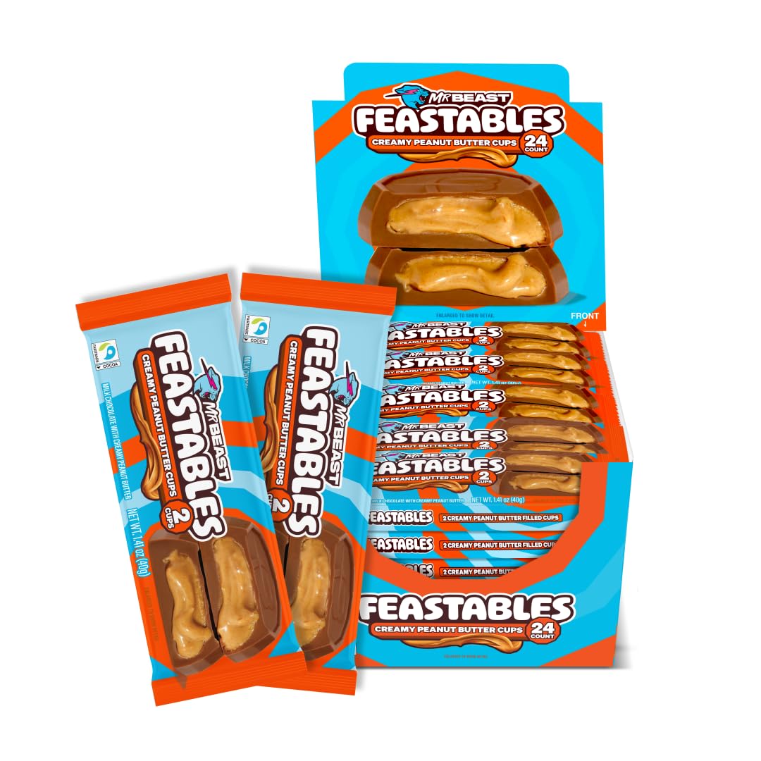 Feastables MrBeast Peanut Butter Cups packaging shown, convenient two-cup packs for on-the-go snacking.