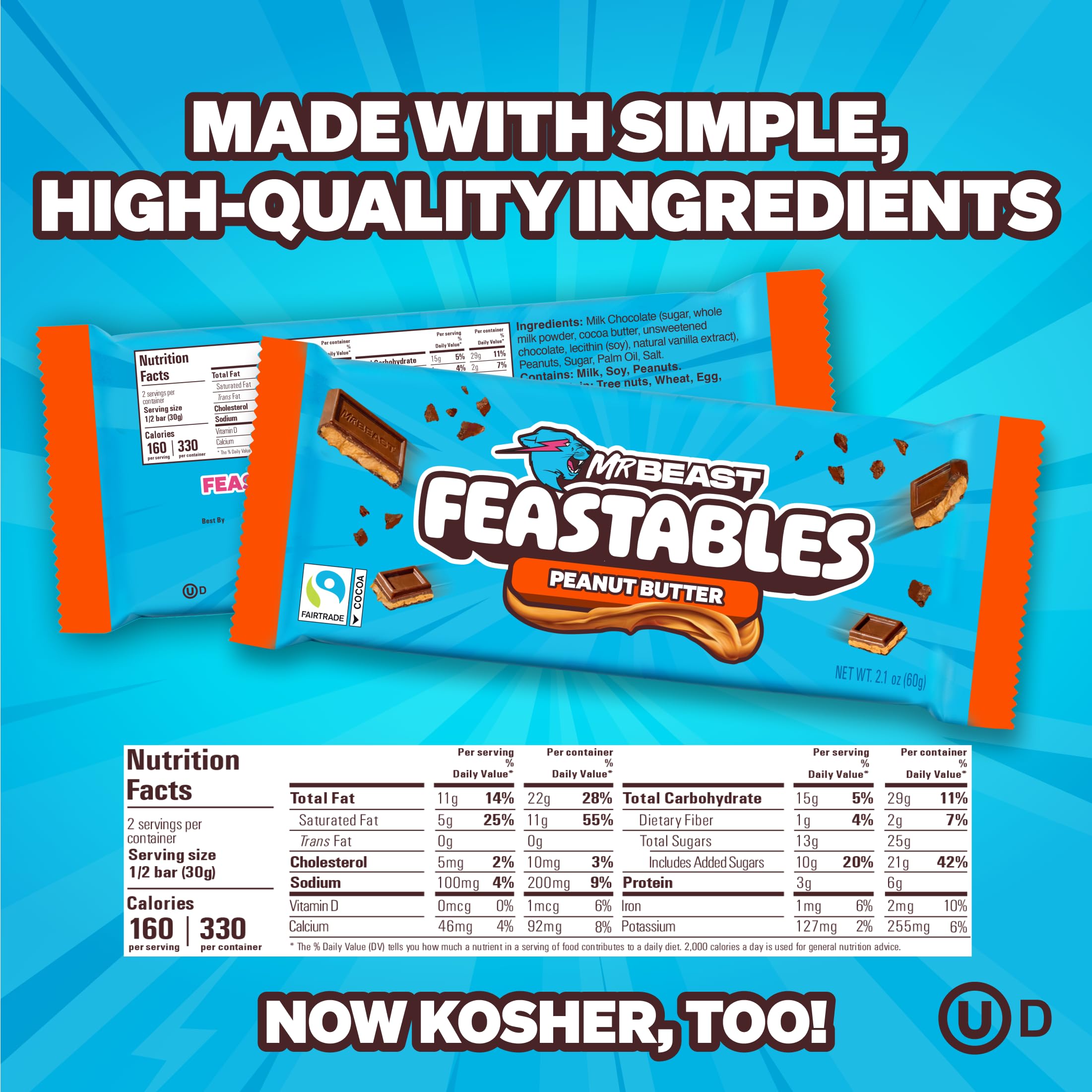 Cross-section of Feastables MrBeast peanut butter milk chocolate bar showing creamy swirl.