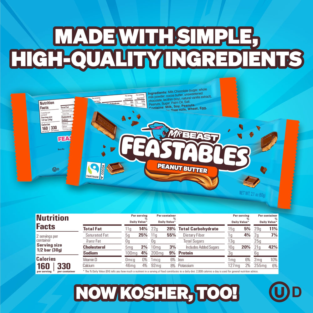 Cross-section of Feastables MrBeast peanut butter milk chocolate bar showing creamy swirl.