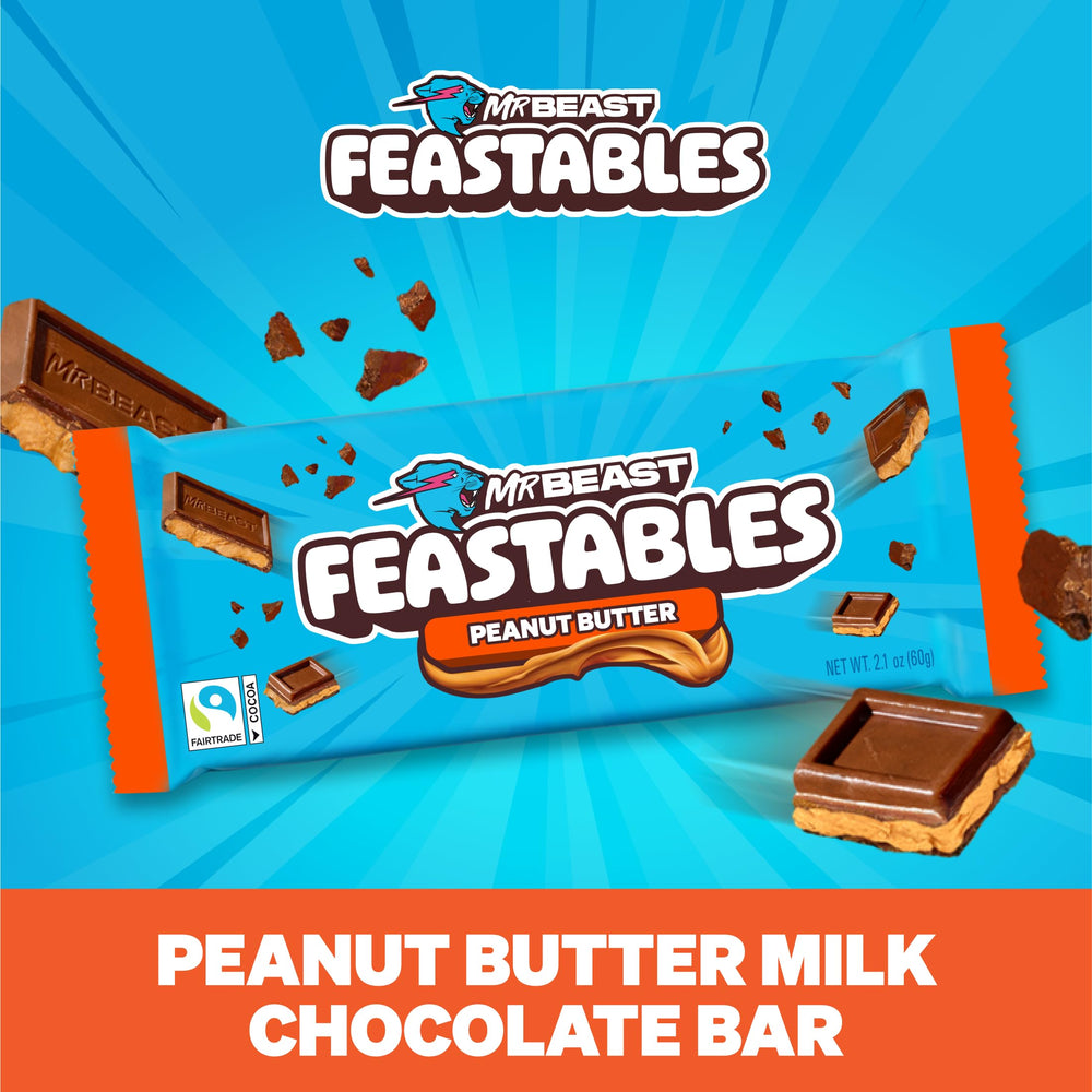 Ingredient label shows 7 simple ingredients and Fairtrade cocoa in Feastables.