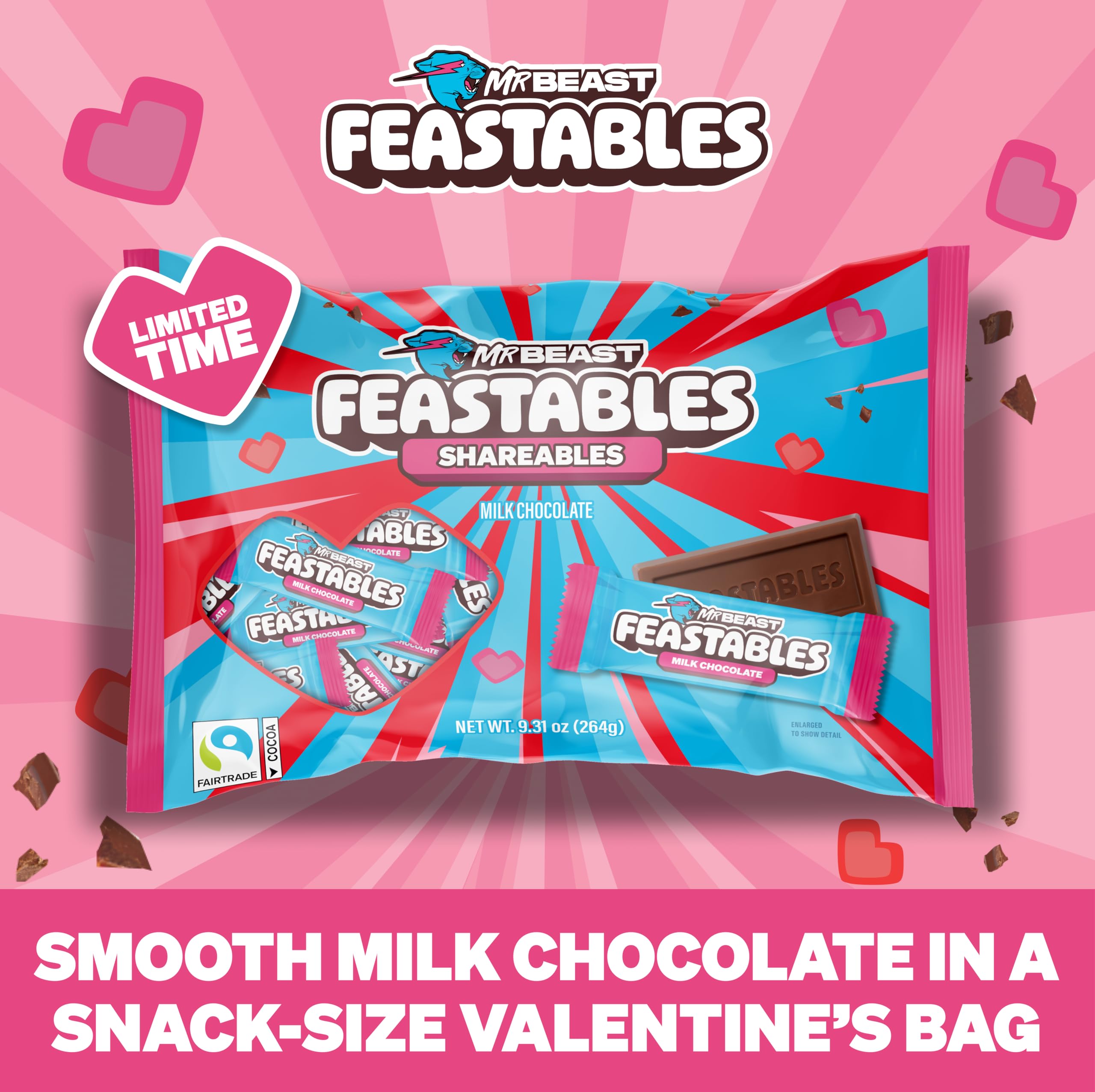 Feastables MrBeast valentines mini bars creamy milk chocolate, perfect for gifting.