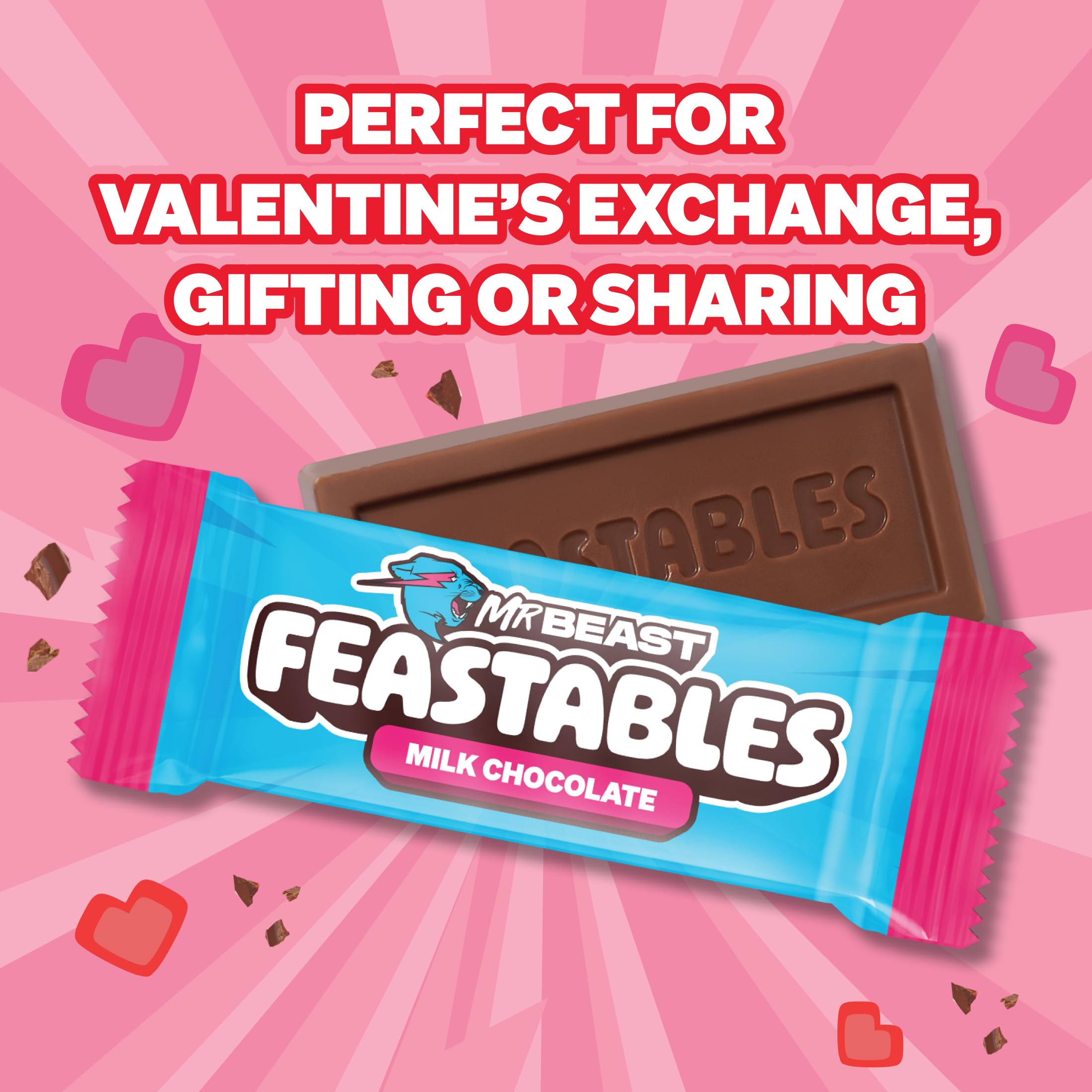 Feastables MrBeast valentines mini bars with Fairtrade cocoa highlight ethical sourcing.