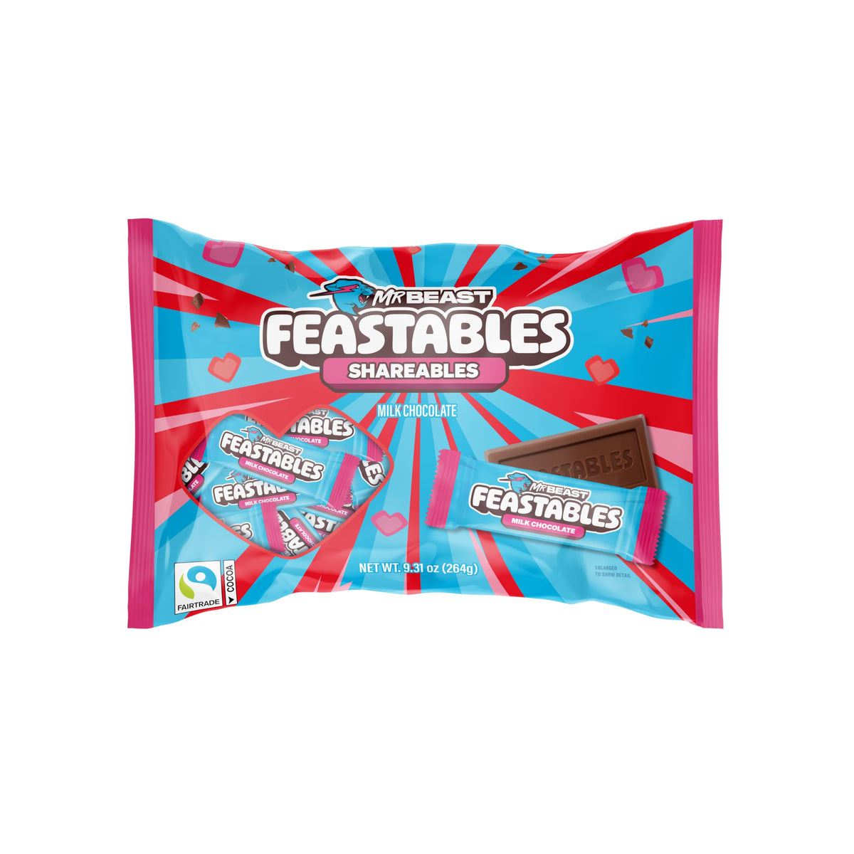 Feastables MrBeast Valentines mini bars pack shot ideal for sharing at events.