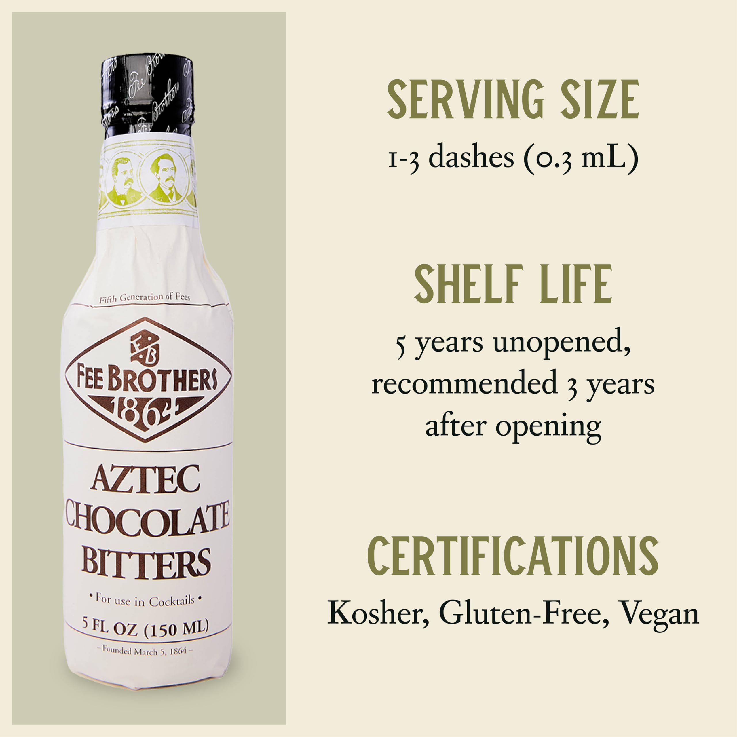 Fee Brothers Aztec Chocolate Bitters label highlights vegan and gluten-free features.