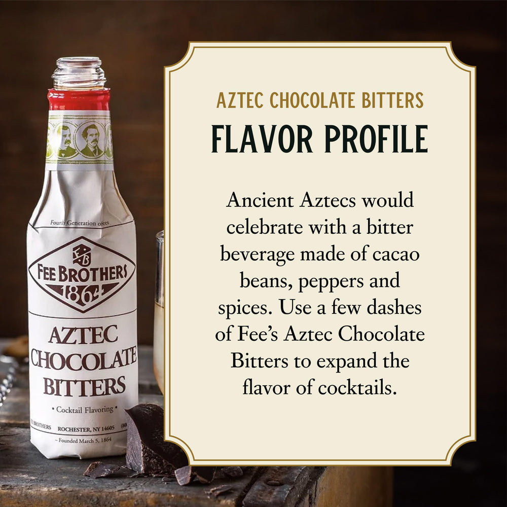 Close-up of Fee Brothers Aztec Chocolate Bitters vial showing rich aroma.