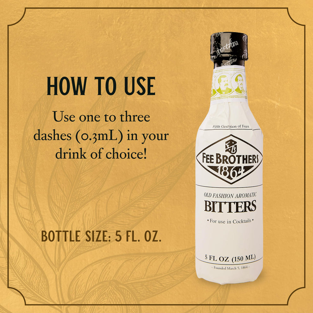 Fee Brothers Old Fashioned Bitters bottle label highlights gluten-free and vegan-friendly