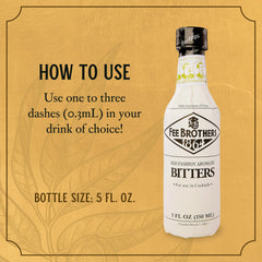 Fee Brothers Old Fashioned Bitters bottle label highlights gluten-free and vegan-friendly