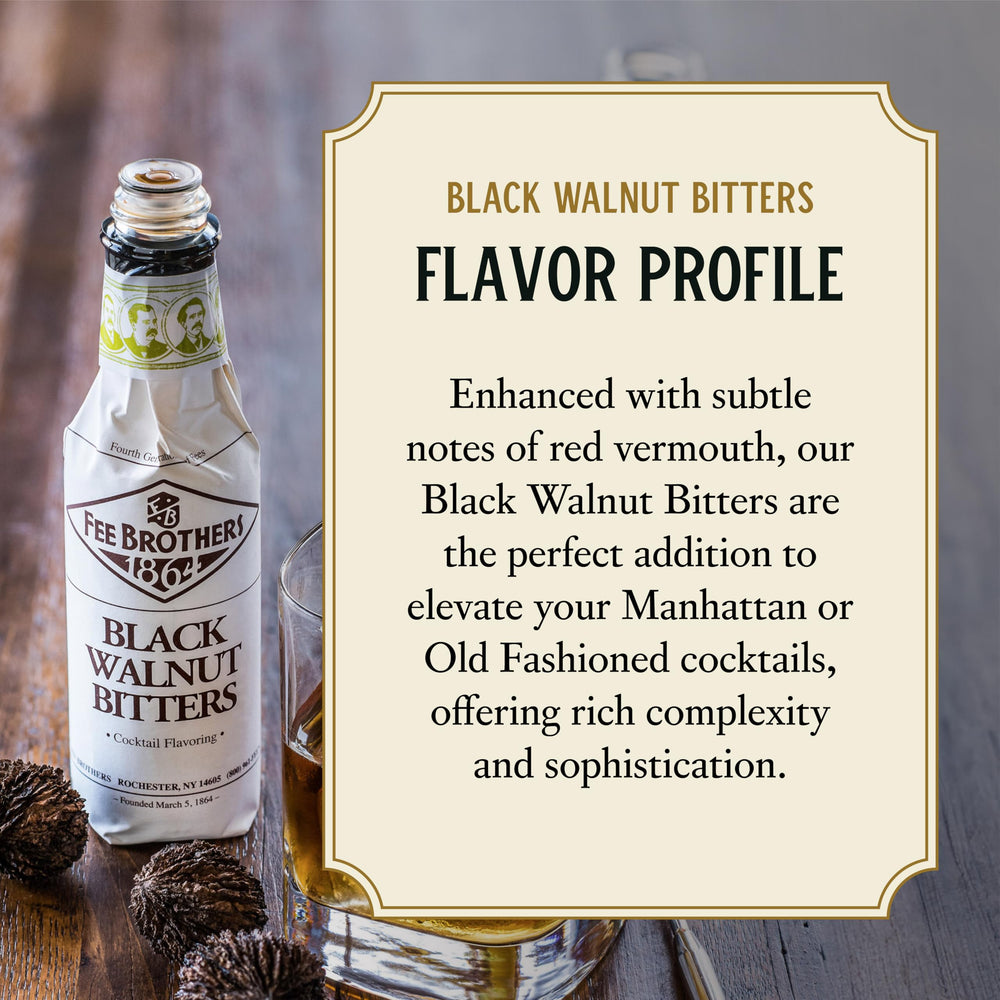 Fee Brothers Black Walnut bottle with cocktail in a glass showing aroma.