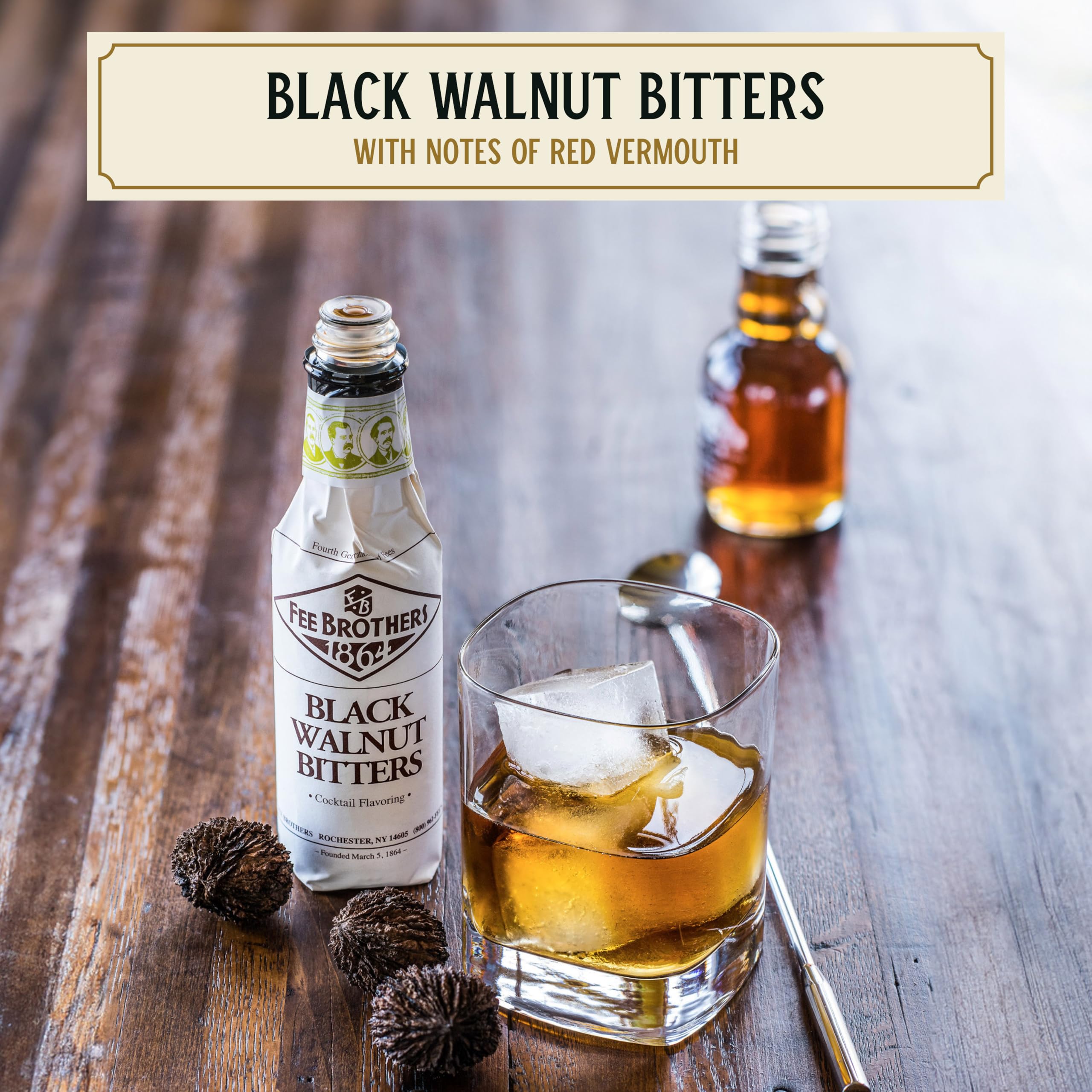 Fee Brothers Black Walnut label close-up highlighting amber tones.