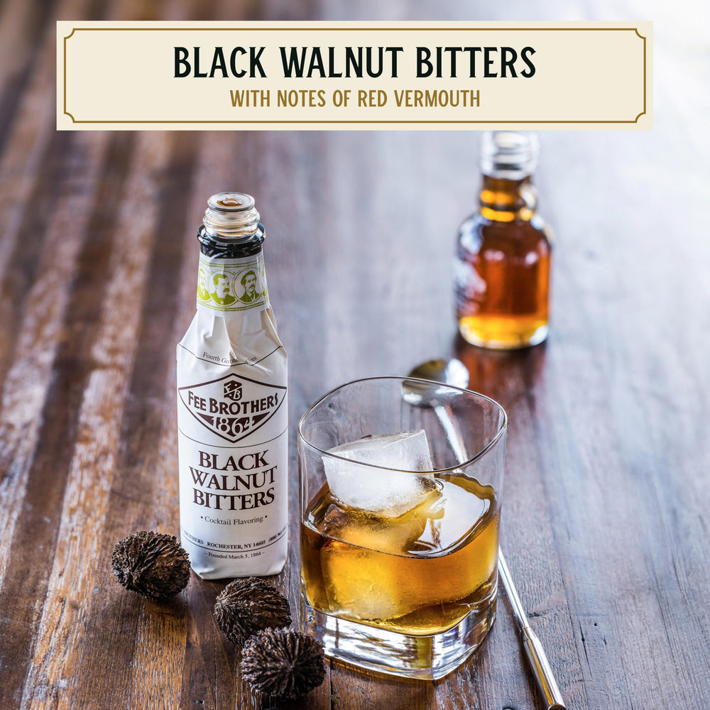Fee Brothers Black Walnut label close-up highlighting amber tones.