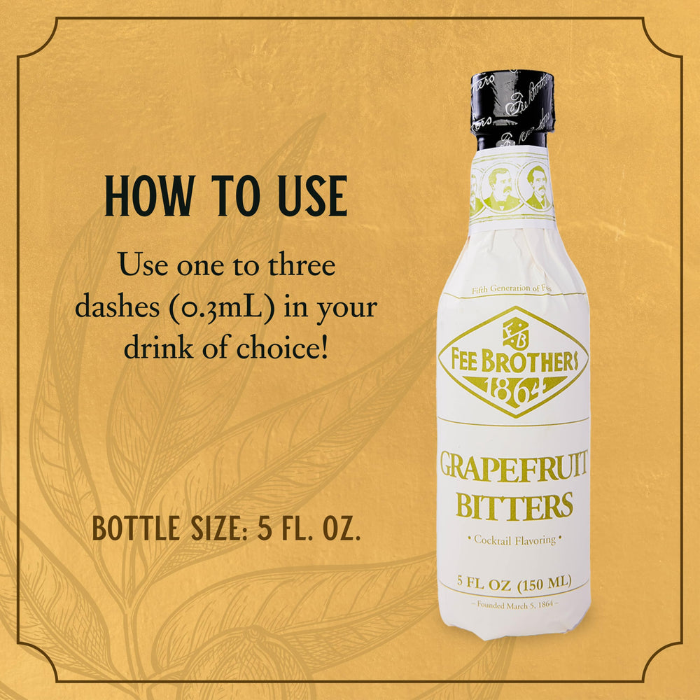Fee Brothers Grapefruit Bitters bottle beside a cocktail glass shows versatile flavor accents.