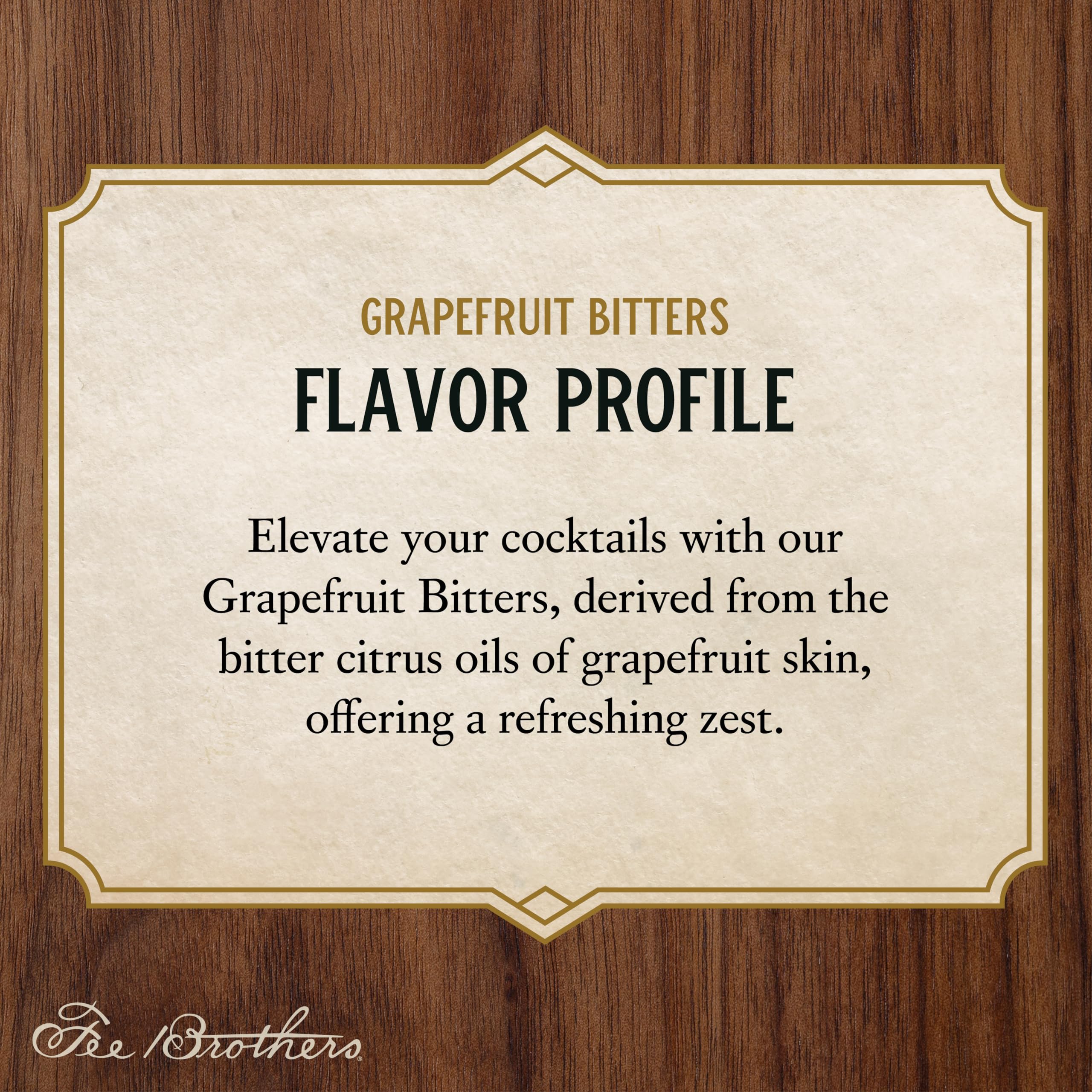 Fee Brothers Grapefruit Bitters label emphasizes gluten-free and vegan-friendly features for mindful mixing.