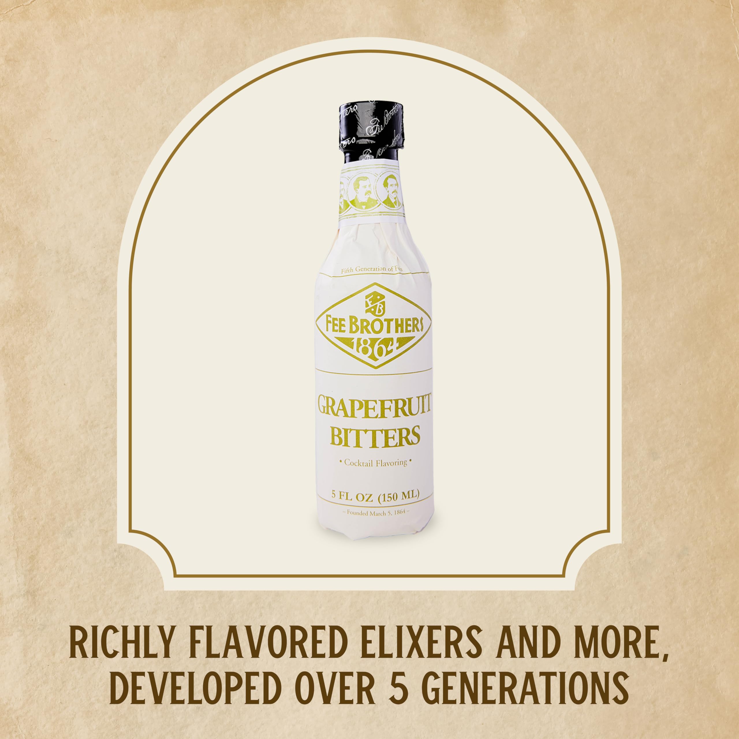 Fee Brothers Grapefruit Bitters pour shown beside a vintage logo highlight traditional craftsmanship.