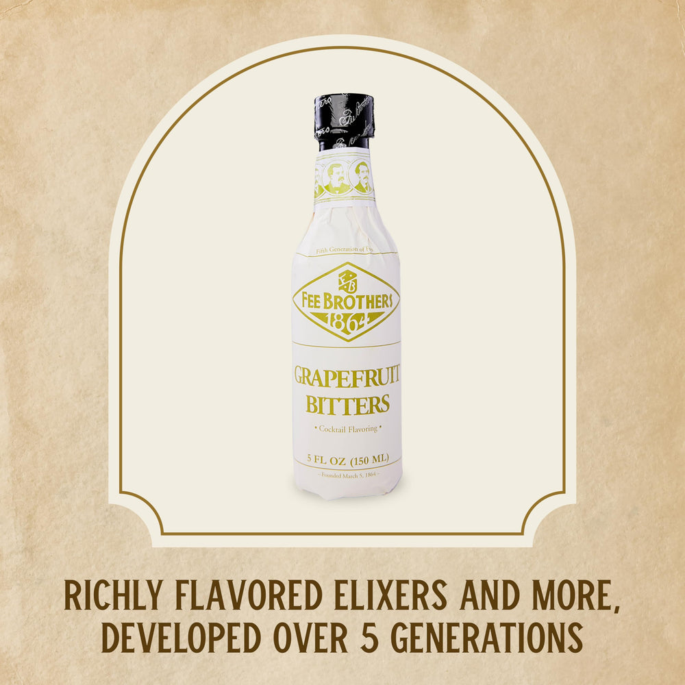Fee Brothers Grapefruit Bitters pour shown beside a vintage logo highlight traditional craftsmanship.