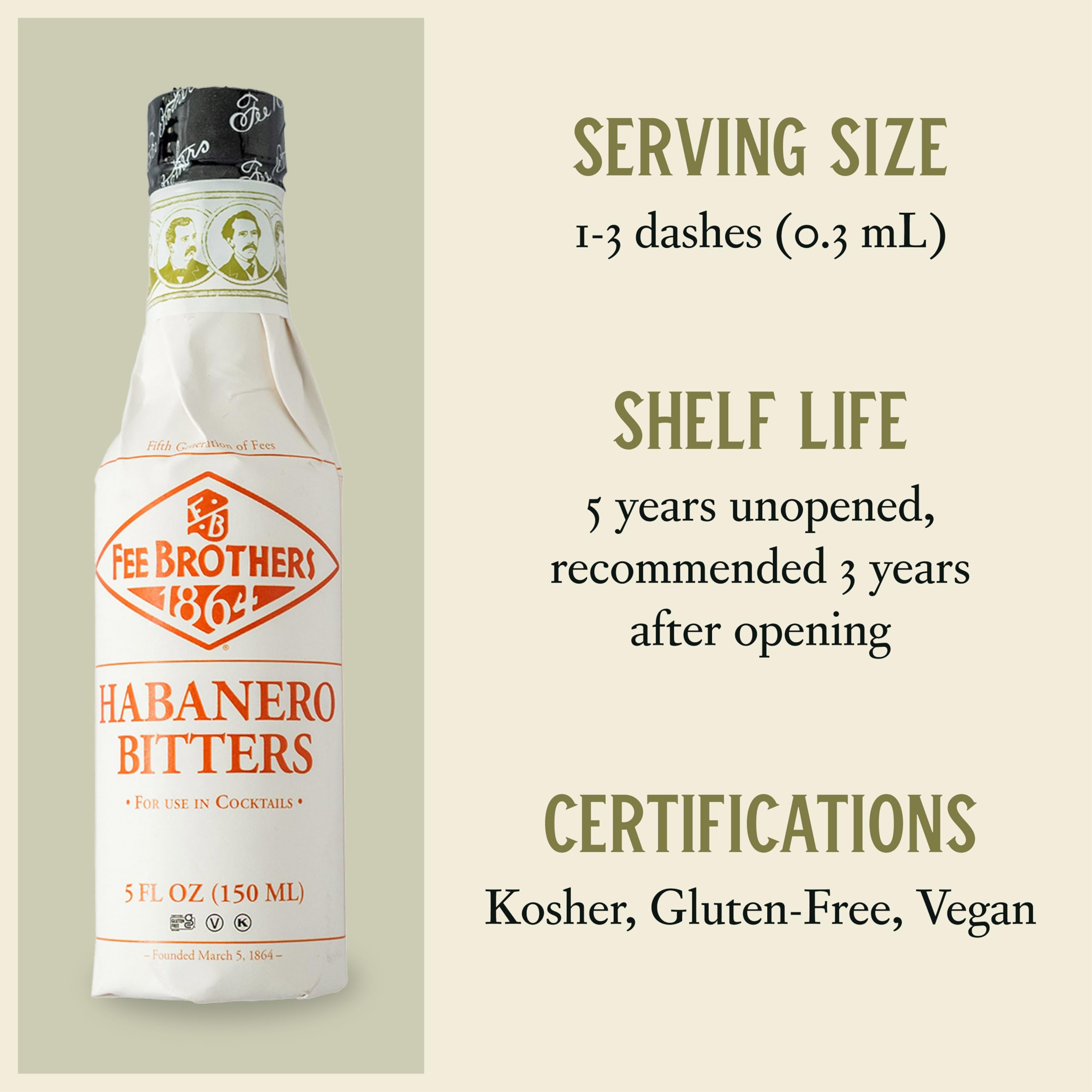 Close-up of the Fee Brothers Habanero Bitters label highlights vegan-friendly, gluten-free status.
