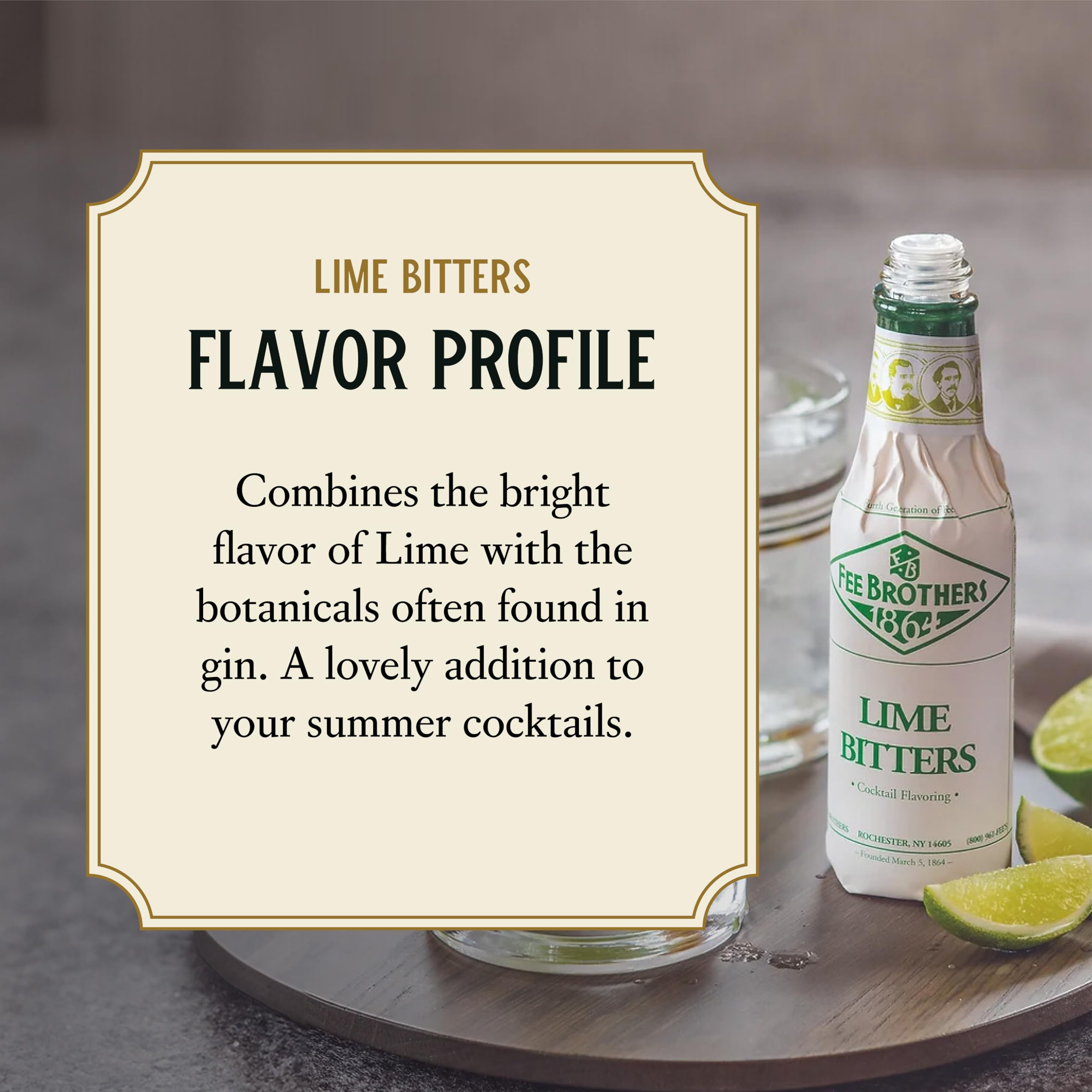 Close-up of lime citrus and botanical notes in Fee Brothers Bitters