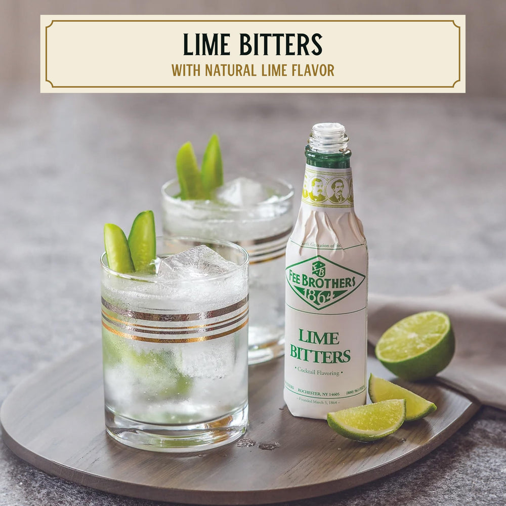Fee Brothers Lime Cocktail Bitters bottle side view highlighting packaging and flavor notes for mixing