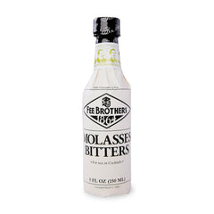 Fee Brothers Molasses Bitters bottle closeup; rich flavor enhancer for cocktails.