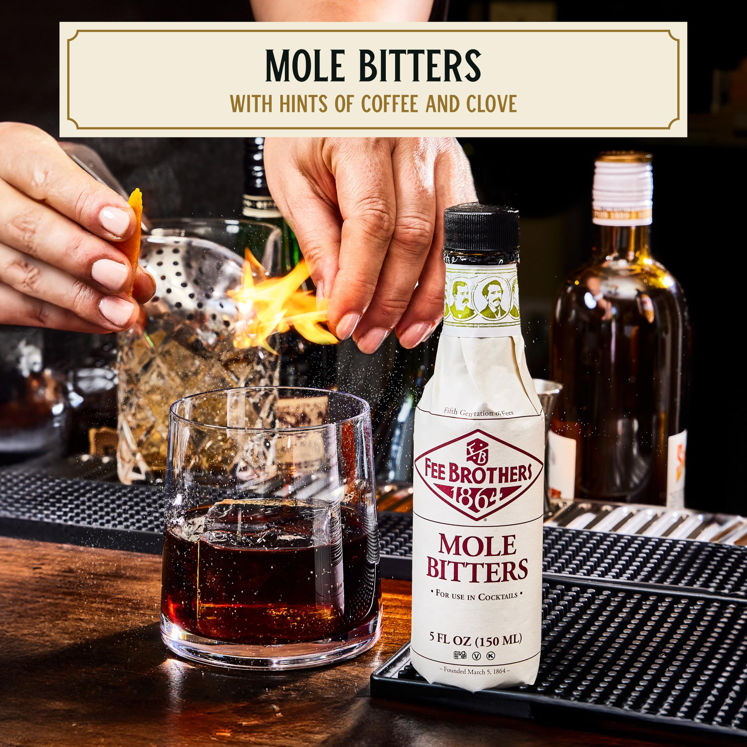 Fee Brothers Mole Bitters in a classic cocktail glass showing coffee and clove notes.
